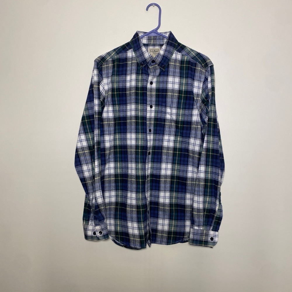 LL Bean Flannel Shirt Mens S Blue Green Plaid Button‎ Down
